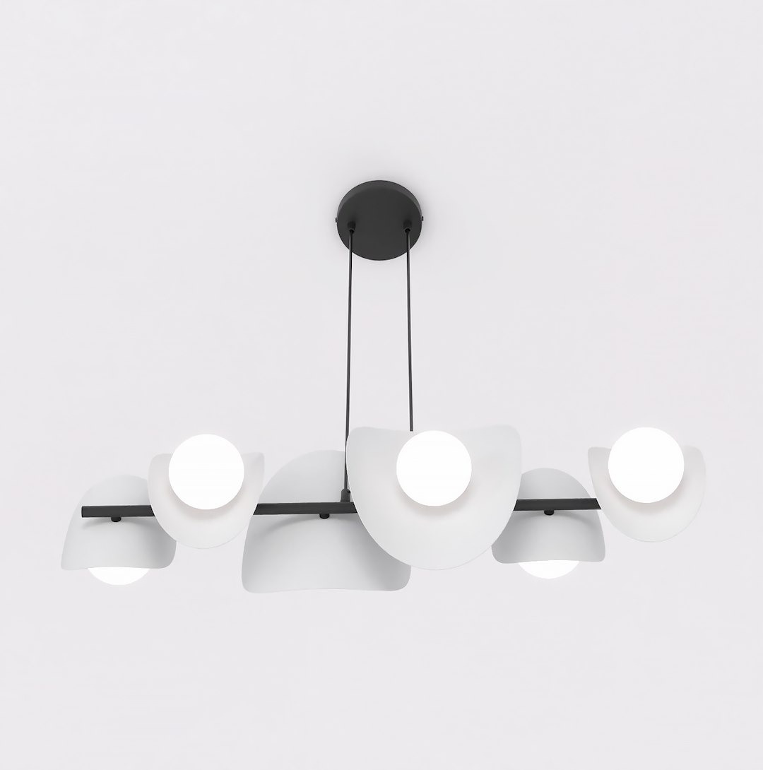 Lampa wisząca Elementi z sześcioma źródłami światła G9, w kolorze czarnym i szarym. Kształt oprawy z zaokrąglonymi kloszami w białym kolorze, zawieszona na cienkich linkach. Prosty, nowoczesny design, idealna do różnych wnętrz.