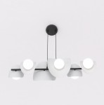 Lampa wisząca Elementi z sześcioma źródłami światła G9, w kolorze czarnym i szarym. Kształt oprawy z zaokrąglonymi kloszami w białym kolorze, zawieszona na cienkich linkach. Prosty, nowoczesny design, idealna do różnych wnętrz.