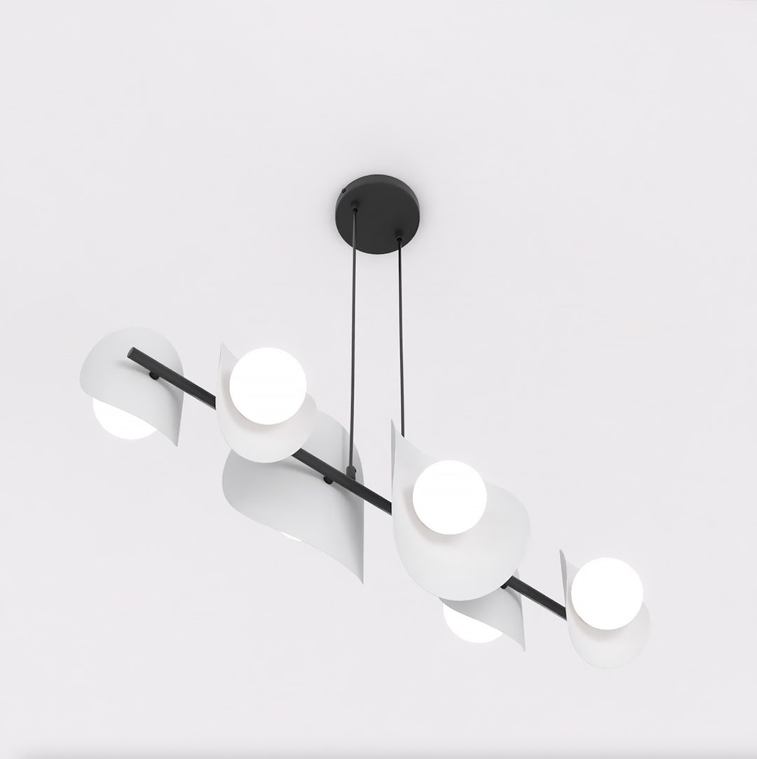 Lampa wisząca Elementi z sześcioma źródłami światła G9, w kolorze czarnym i szarym. Posiada oprawy w formie okrągłych kloszy oraz asymetryczne, faliste elementy dekoracyjne. Zawieszona na cienkich linkach, montowana do sufitu.