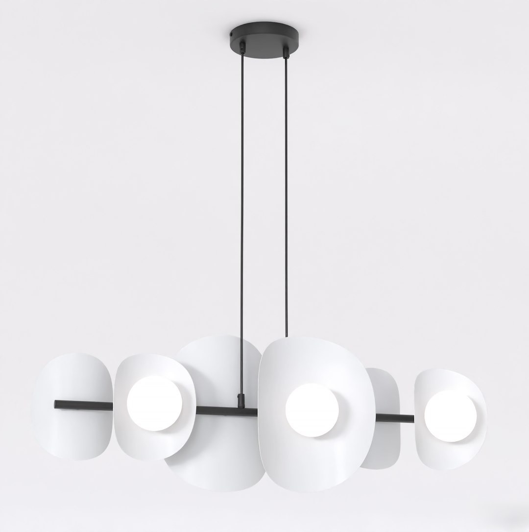 Lampa wisząca Elementi z sześcioma źródłami światła G9. Konstrukcja w kolorze czarnym z szarymi, zaokrąglonymi kloszami, zawieszona na dwóch cienkich linkach. Nowoczesny design, idealna do wnętrz.
