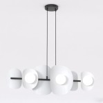 Lampa wisząca Elementi z sześcioma źródłami światła G9. Konstrukcja w kolorze czarnym z szarymi, zaokrąglonymi kloszami, zawieszona na dwóch cienkich linkach. Nowoczesny design, idealna do wnętrz.