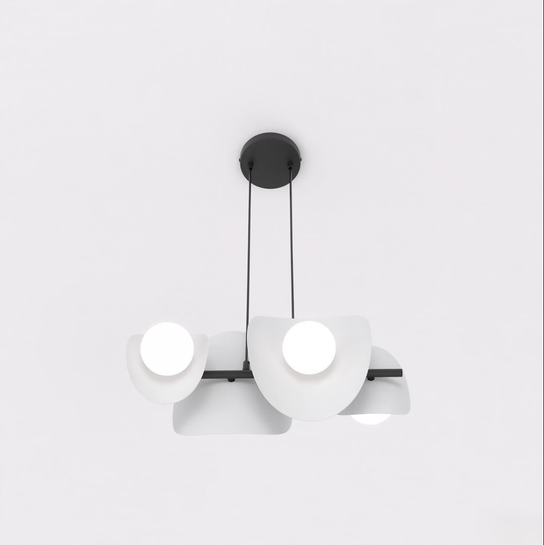 Lampa wisząca Elementi 4xG9 w kolorze czarnym i szarym, z czterema okrągłymi źródłami światła, umieszczona na poziomej rurze. Klosze mają organiczny kształt z matowego materiału, zawieszone na cienkich linkach z sufitu.