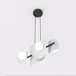 Lampa wisząca Elementi 4xG9 w kolorze czarnym i szarym, z czterema okrągłymi źródłami światła oraz asymetrycznymi, falistymi osłonami w kolorze białym. Produkt zawieszony na dwóch cienkich linkach, montowany sufitowo.