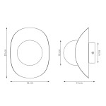 Kinkiet Fiero M w kolorze czarnym, o wymiarach 20 cm wysokości i 16 cm szerokości. Owalny kształt z okrągłym elementem centralnym, montowany na ścianie. Widoczne wymiary: 10 cm głębokości, 8 cm szerokości.