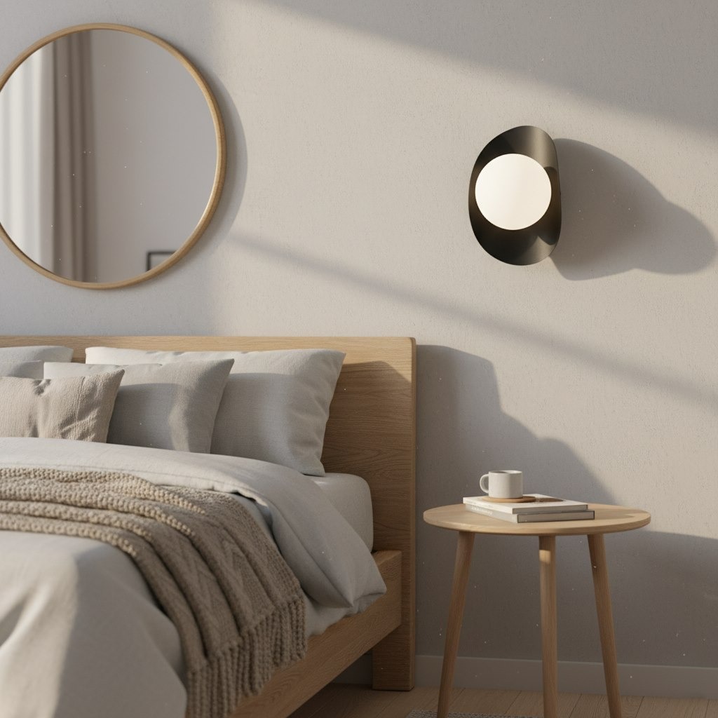 Kinkiet Fiero M w kolorze czarnym, z okrągłym kloszem, zamontowany na ścianie obok łóżka. W tle widać okrągłe lustro i drewniane akcesoria, w tym stolik z filiżanką i książką. Światło rzuca delikatny cień na ścianę.