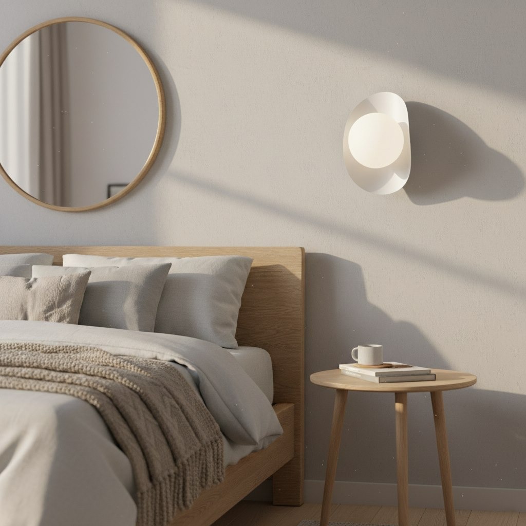 Kinkiet Fiero M 1xG9 w kolorze białym, zamontowany na ścianie obok łóżka. Okrągła, mleczna osłona lampy otoczona jest falistą, białą ramką. W tle widoczna drewniana rama łóżka, stół z filiżanką i książką oraz okrągłe lustro.
