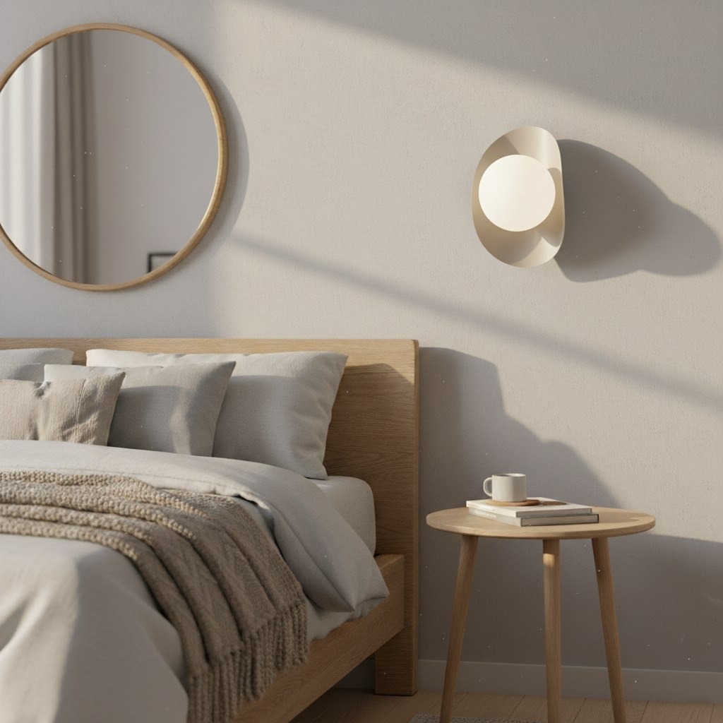 Kinkiet Fiero M w kolorze mokka, montowany na ścianie obok łóżka. Okrągłe źródło światła osadzone w eleganckiej, minimalistycznej obudowie. W tle widoczna okrągła lustro i drewniane akcesoria na stoliku nocnym.
