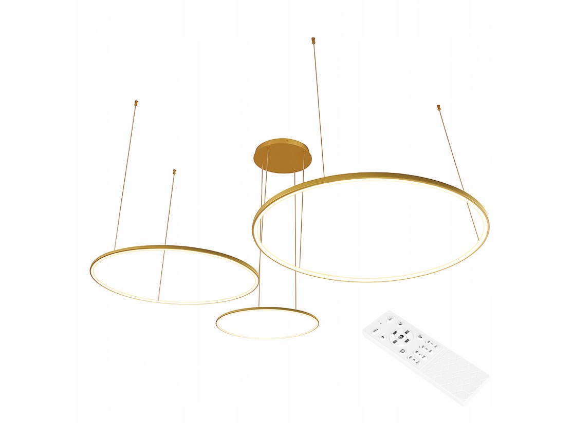 Lampa wisząca LED Hodo w kolorze złotym, składająca się z trzech okrągłych pierścieni o średnicach 40, 60 i 80 cm. Montowana na suficie, z pilotem do zdalnego sterowania. Proste tło, aby podkreślić elegancki design.