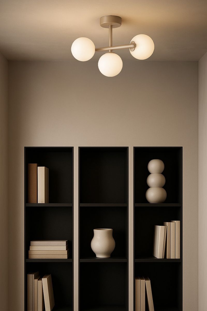 Beżowa lampa sufitowa Ardi z trzema okrągłymi, mlecznymi kloszami umieszczonymi na metalowym stelażu. Produkt montowany na suficie, widoczny w minimalistycznym wnętrzu z ciemnymi regałami i dekoracjami.