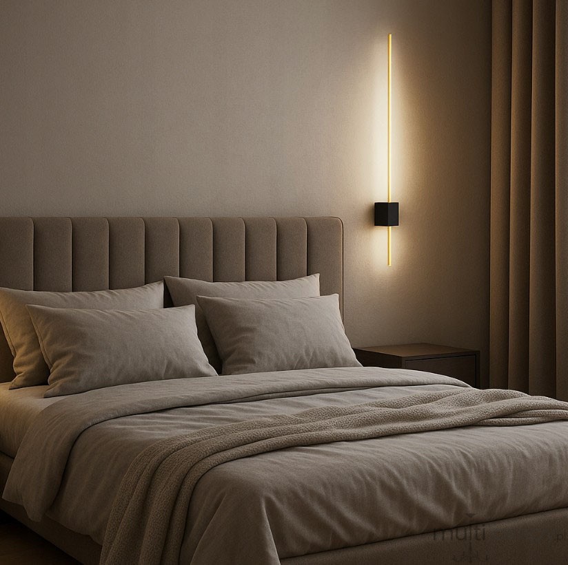 Kinkiet LED Como 60 6W 4000K w kolorze złotym i czarnym, zamontowany na ścianie obok łóżka. Prosty, pionowy design z czarną podstawą i cienką, złotą linią światła. W tle widoczna sypialnia z łóżkiem i zasłonami w neutralnych odcieniach.