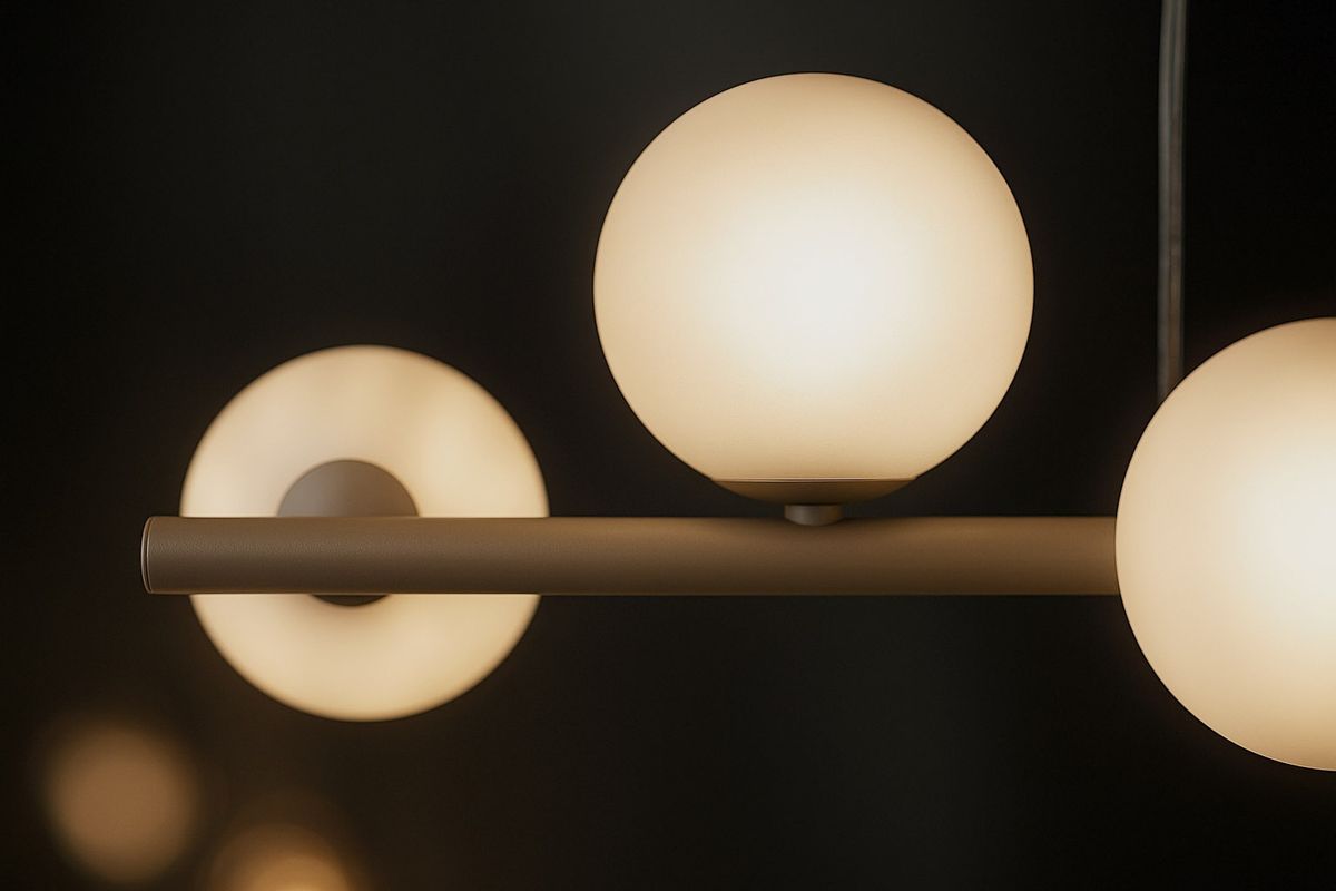 Beżowa lampa wisząca Ardi z siedmioma kulistymi kloszami G9. Produkt zawieszony poziomo, z widoczną metalową rurką. Klosze w odcieniu mlecznym, emitujące miękkie światło, na ciemnym tle.