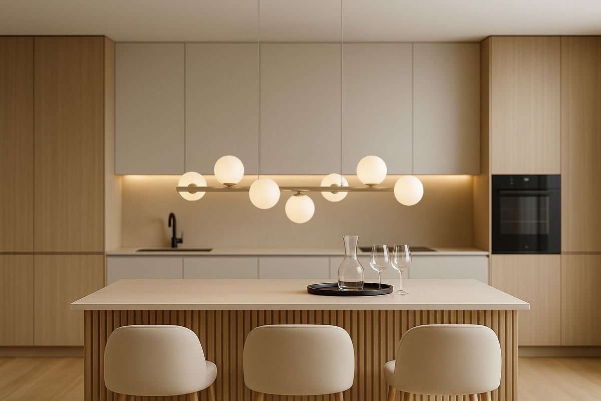 Lampa wisząca Ardi 7xG9 w kolorze beżowym, umieszczona nad wyspą kuchenną. Składa się z metalowej konstrukcji z okrągłymi, mlecznymi kloszami. Widoczna w nowoczesnym wnętrzu z drewnianymi elementami i minimalistycznym wystrojem.