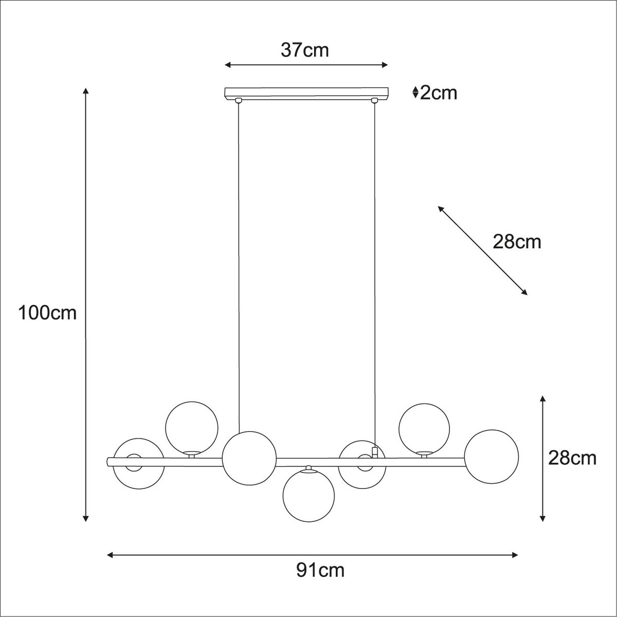 Beżowa lampa wisząca Ardi z siedmioma oprawami G9, o szerokości 91 cm i wysokości 100 cm. Prosta konstrukcja z okrągłymi kloszami zawieszonymi na poziomej listwie, idealna do nowoczesnych wnętrz.