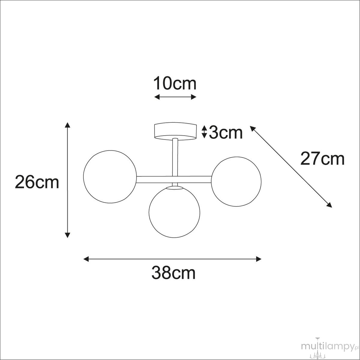 Beżowa lampa sufitowa Lemo z trzema oprawami G9. Wymiary: średnica 38 cm, wysokość 26 cm. Ujęcie z góry, produkt zamontowany, z okrągłymi kloszami. Metalowa konstrukcja, minimalistyczny design.