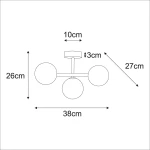 Beżowa lampa sufitowa Lemo z trzema oprawami G9. Wymiary: średnica 38 cm, wysokość 26 cm. Ujęcie z góry, produkt zamontowany, z okrągłymi kloszami. Metalowa konstrukcja, minimalistyczny design.