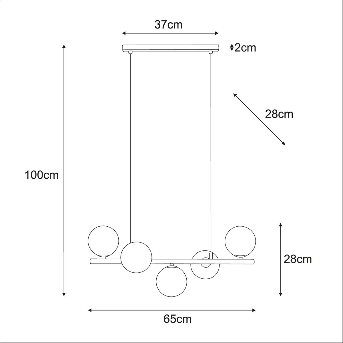 Lemo lampa wisząca 5xG9 w kolorze beżowym, o wymiarach 100 cm wysokości i 65 cm szerokości. Posiada pięć okrągłych kloszy oraz prostokątną podstawę. Zawieszona na cienkich linkach, idealna do nowoczesnych aranżacji wnętrz.