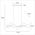 Beżowa lampa wisząca Lemo K-5847, z siedmioma oprawami G9, umieszczona na prostokątnej metalowej konstrukcji. Wymiary: 91 cm długości, 37 cm szerokości, zawieszenie na 100 cm. Okrągłe klosze rozmieszczone równomiernie.