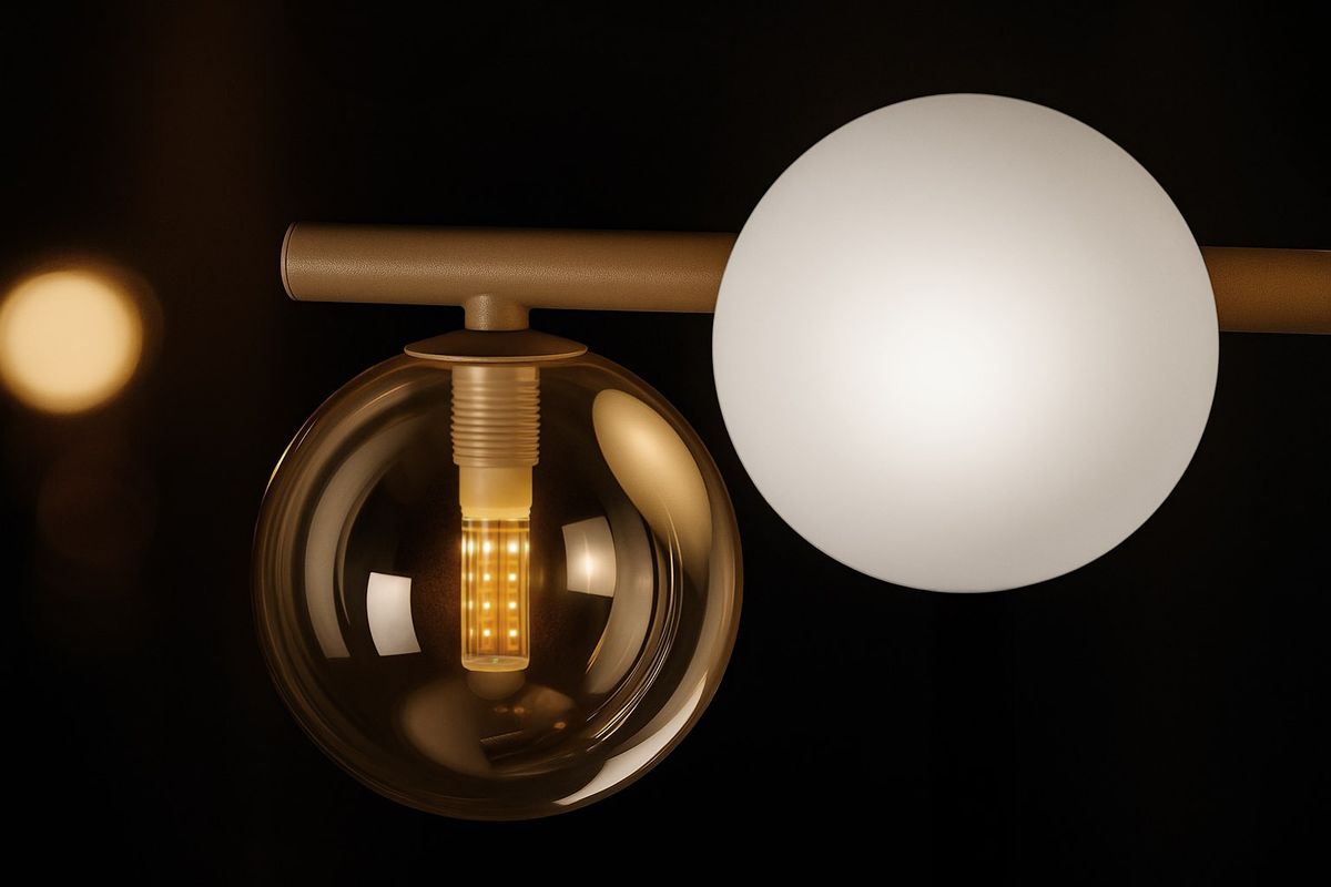 Lemo lampa wisząca w kolorze beżowym, z okrągłym, opalizującym kloszem i szklanym, przezroczystym detalem. Ujęcie z boku, ukazujące elementy konstrukcyjne i stylowy design lampy, przeznaczonej do oświetlenia wnętrz.