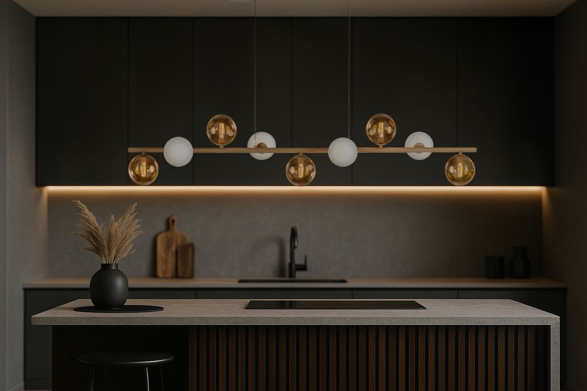 Lampa wisząca Lemo w kolorze beżowym, z dziewięcioma żarówkami G9, zawieszona nad wyspą kuchenną. Okrągłe klosze w odcieniach białym i złotym, minimalistyczny design, montowana na prostokątnej belce. Tło w ciemnych tonacjach z podświetleniem LED.