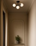 Lampa sufitowa Filo w kolorze czarnym, z trzema okrągłymi, białymi kloszami, zamontowana na suficie. Widoczna w jasnym wnętrzu z rośliną w doniczce na półce. Klosze umieszczone na równych ramionach, tworzą nowoczesny design.