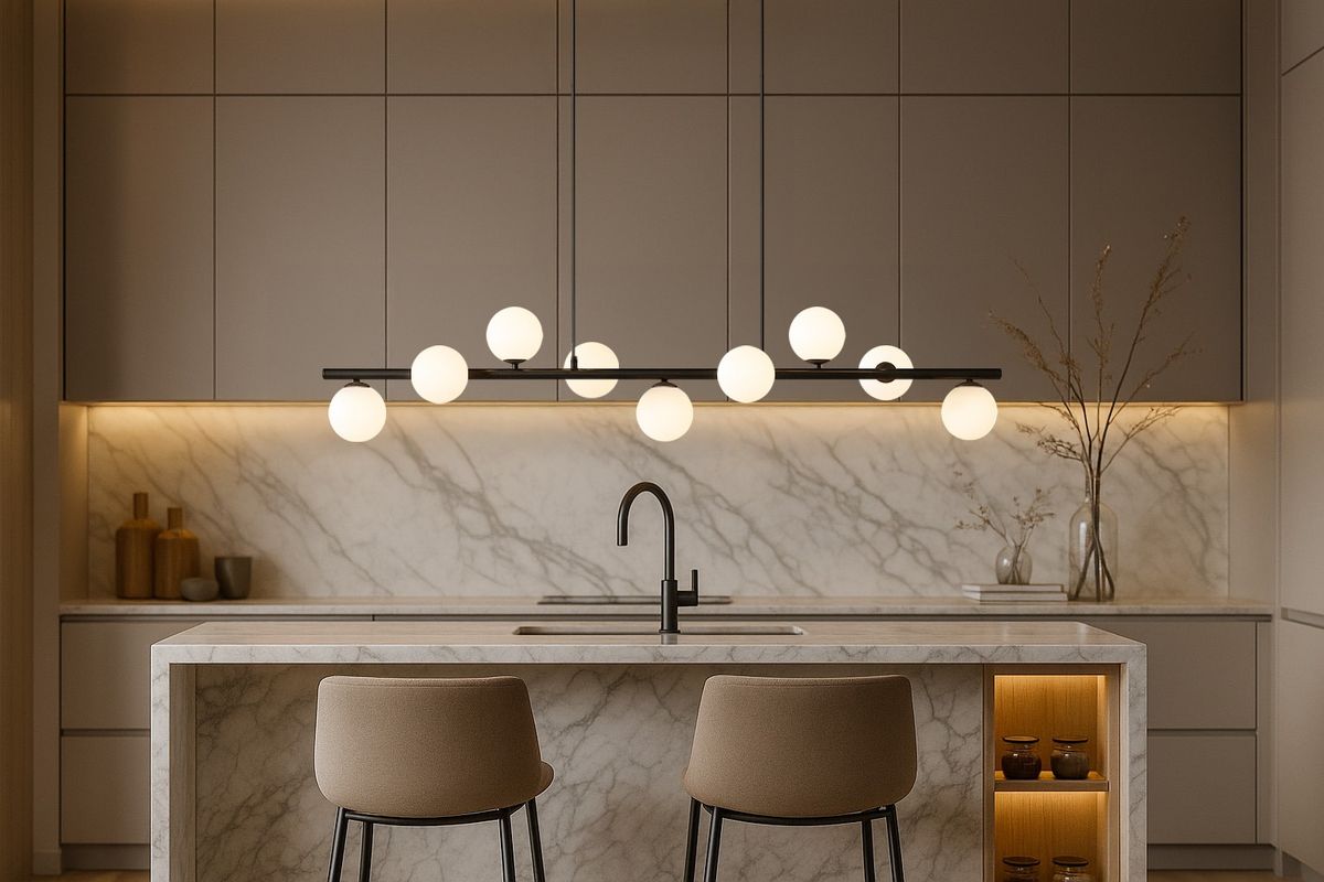 Lampa wisząca Filo w kolorze czarnym, z dziewięcioma okrągłymi, białymi kloszami, zawieszona na prostokątnej konstrukcji. Produkt umieszczony nad wyspą kuchenną z marmurowym blatem, w nowoczesnym wnętrzu z szarymi szafkami i podświetleniem.