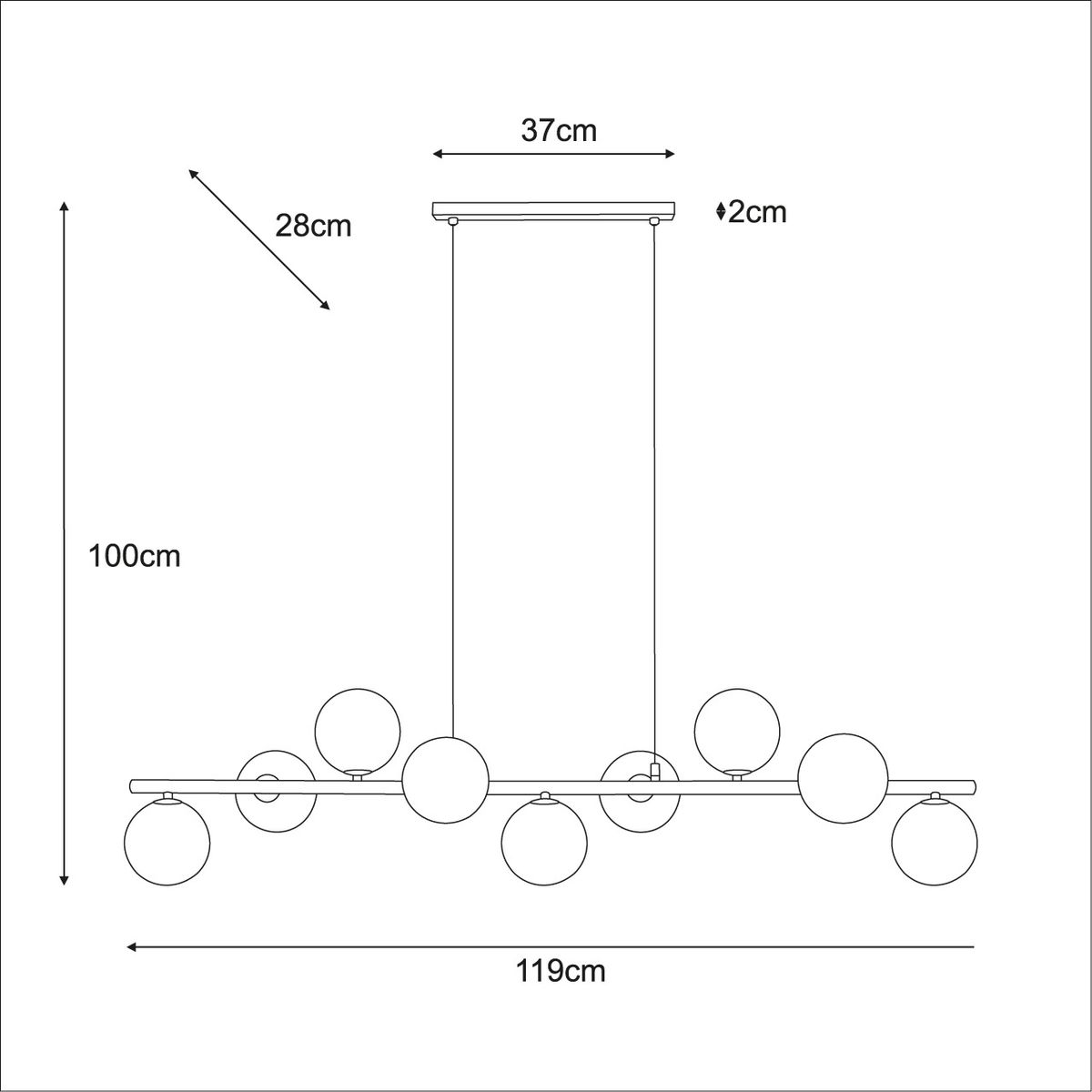 Lampa wisząca Filo w kolorze czarnym, z 9 źródłami światła G9. Wymiary: długość 119 cm, szerokość 37 cm, wysokość 100 cm. Okrągłe klosze rozmieszczone na poziomej listwie, minimalistyczny design.