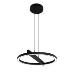 Lampa wisząca Tivoli w kolorze czarnym, o okrągłym kształcie z jedną diodą LED 24W. Zawieszona na dwóch cienkich linkach, z widocznym prostokątnym elementem w środku. Ciepłe światło otacza krawędź lampy, tworząc elegancką atmosferę.