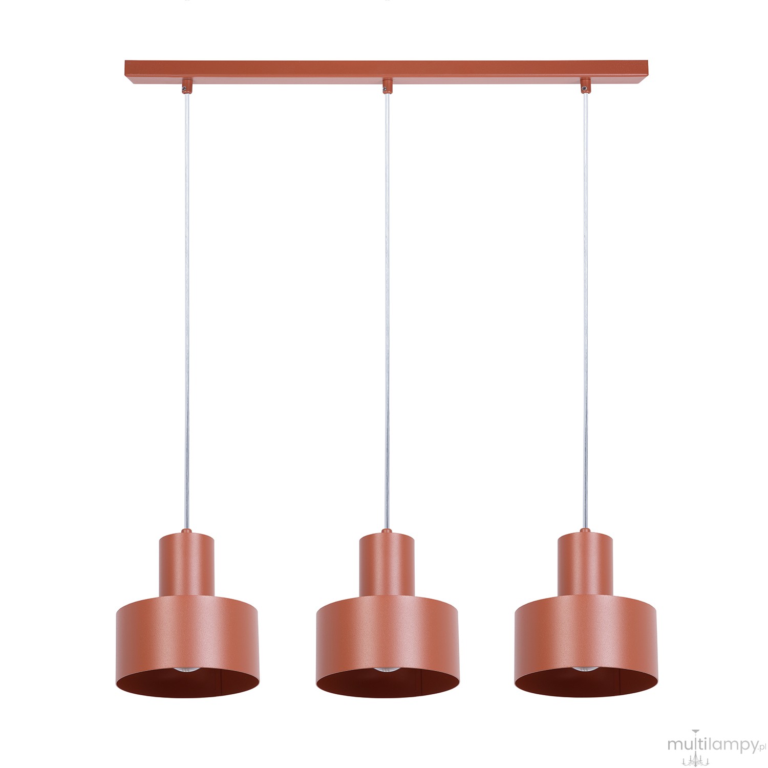 Lampa wisząca Rif 3xE27 w ceglanym kolorze z trzema okrągłymi kloszami. Klosze mają matowe wykończenie, zawieszone na cienkich stalowych linkach. Montaż na prostokątnej podsufitce w tym samym odcieniu. Idealna do nowoczesnych wnętrz.