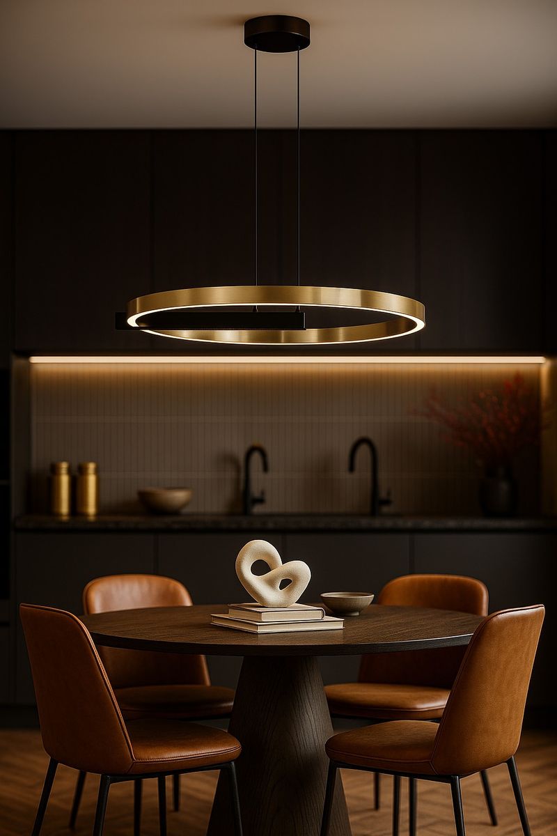 Lampa wisząca Metis 1xLED 36W w kolorze czarnym i złotym, o okrągłym kształcie, zawieszona na dwóch cienkich linkach, w nowoczesnej aranżacji kuchennej z drewnianym stołem i skórzanymi krzesłami. Tło w ciemnych tonach z oświetleniem LED.
