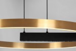 Lampa wisząca Metis z jedną diodą LED 36W, o okrągłym, czarnym korpusie z metalową, szczotkowaną złotą obręczą. Wisi na cienkich linkach, z widocznym źródłem światła w formie pierścienia. Produkt na szarym tle.
