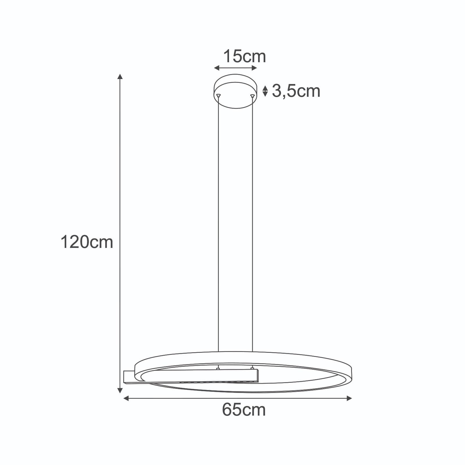 Lampa wisząca Metis 1xLED 36W w kolorze czarnym i złotym. Okrągła podstawa o średnicy 65 cm, zawieszona na regulowanym przewodzie o długości 120 cm. Kąt ujęcia frontalny, z widocznymi wymiarami: podstawa 15 cm, wysokość 3,5 cm.