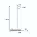 Lampa wisząca Metis 1xLED 36W w kolorze czarnym i złotym. Okrągła podstawa o średnicy 65 cm, zawieszona na regulowanym przewodzie o długości 120 cm. Kąt ujęcia frontalny, z widocznymi wymiarami: podstawa 15 cm, wysokość 3,5 cm.