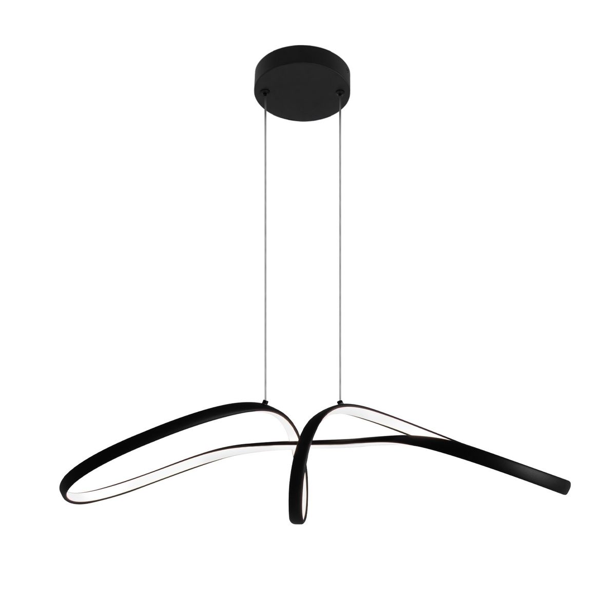 Lampa wisząca Snow 1xLED 40W CCT w kolorze czarnym, z unikalnym kształtem składającym się z opływowych, zakrzywionych elementów. Zawieszona na cienkich linkach, z okrągłym mocowaniem sufitowym. Idealna do nowoczesnych wnętrz.
