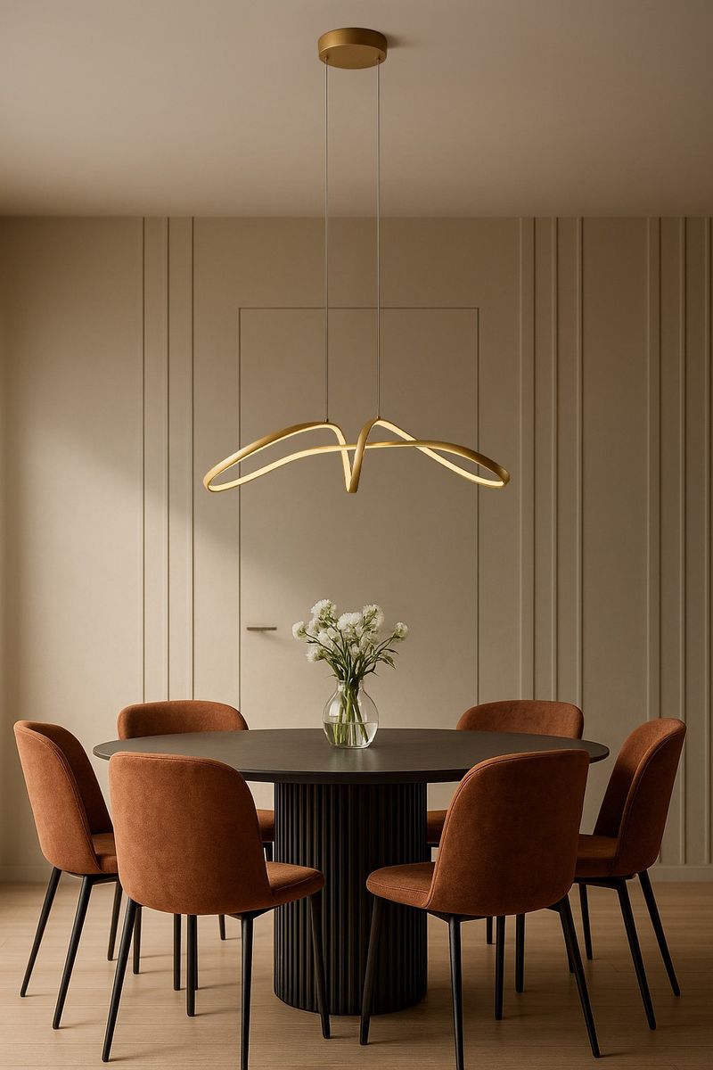 Lampa wisząca Snow 1xLED 40W CCT w kolorze złotym, o nowoczesnym kształcie, zawieszona nad okrągłym stołem. Obok znajdują się brązowe krzesła oraz wazon z białymi kwiatami. Tło w jasnym odcieniu, minimalistyczne.
