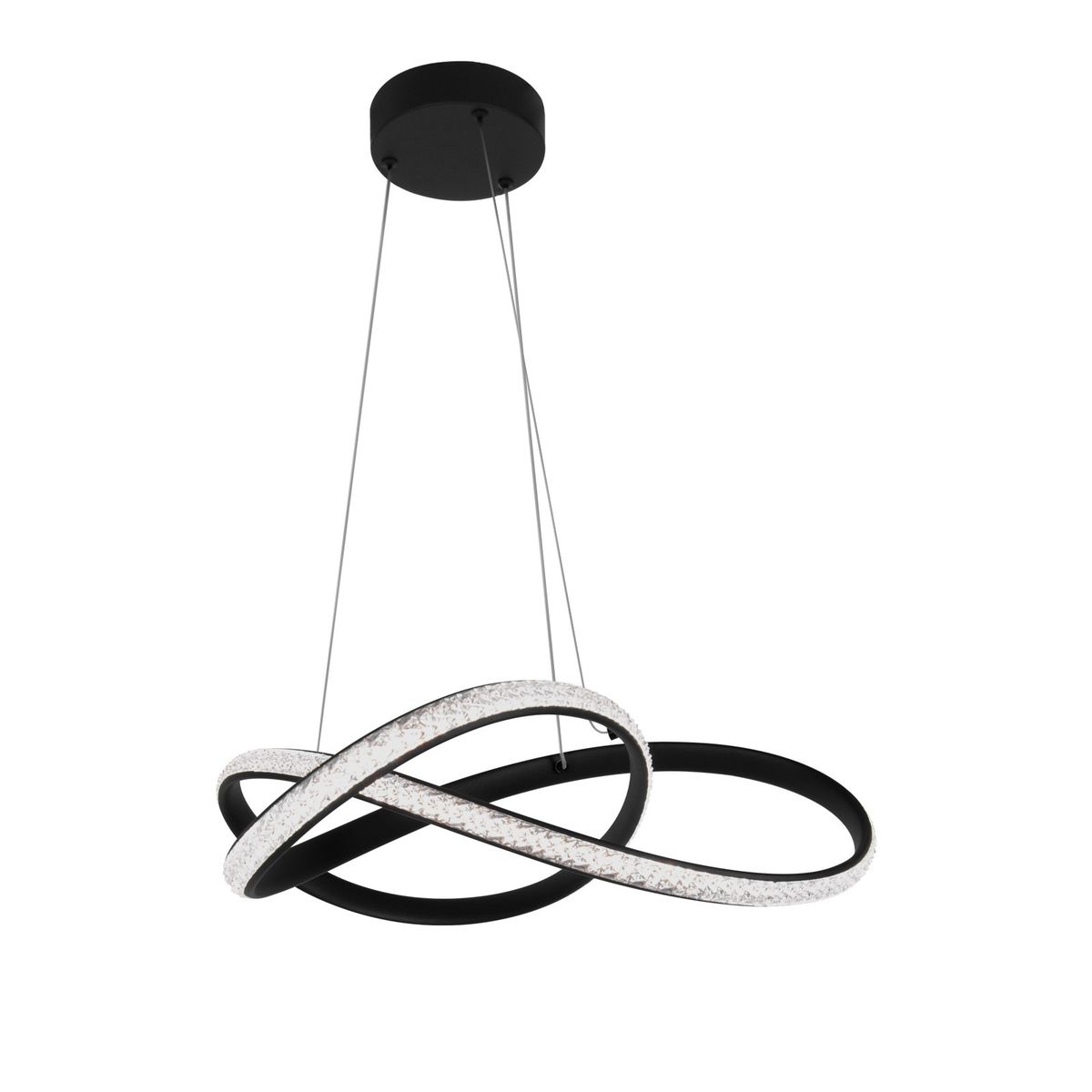 Lampa wisząca Fondi 1xLED 40W CCT w kolorze czarnym, z dwoma okrągłymi elementami. Górna część matowa, dolna z przezroczystym wykończeniem. Zawieszona na cienkich linkach, w kształcie złożonej pętli, na białym tle. Idealna do nowoczesnych wnętrz.