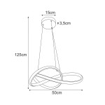 Lampa wisząca Fondi z jedną żarówką LED 40W, w kolorze złotym. Okrągła podstawa o średnicy 15 cm i wysokości 3,5 cm, zwisająca na kablu o długości 125 cm, z dekoracyjnymi, splątanymi elementami o średnicy 50 cm.