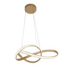 Złota lampa wisząca Fondi z jednym źródłem światła LED 40W CCT. W kształcie dwóch splecionych pierścieni, jeden z matowego metalu, drugi z przezroczystą teksturą. Zawieszona na cienkich linkach, idealna do nowoczesnych wnętrz.