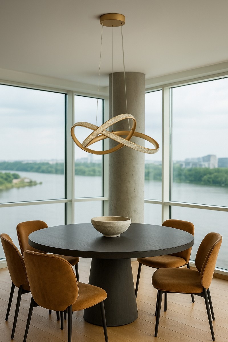 Lampa wisząca Fondi 1xLED 40W CCT w kolorze złotym, z unikalnym kształtem w formie splątanych pierścieni, zawieszona nad okrągłym, ciemnym stołem. W tle duże okna z widokiem na wodę, otoczenie nowoczesne i eleganckie.