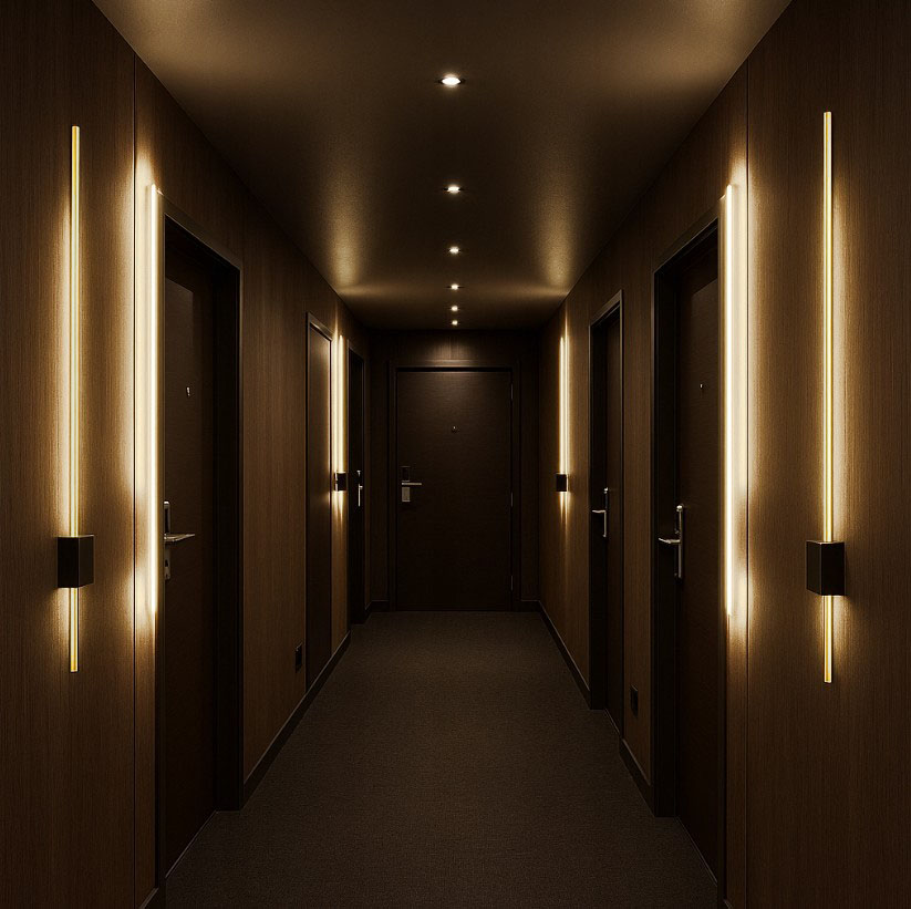 Kinkiet LED Como 90 o mocy 9W i temperaturze barwowej 4000K, w kolorze złotym i czarnym, zamontowany na ścianie w ciemnym korytarzu, emitujący jasne światło wzdłuż dwóch drzwi.