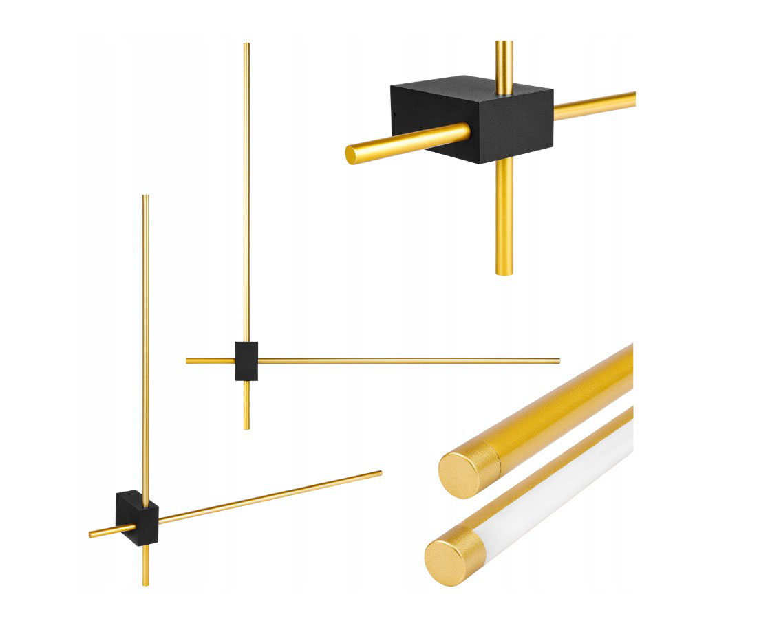 Kinkiet LED Como 2x60, 12W, 4000K w kolorze złotym i czarnym. Produkt ma prostą, minimalistyczną konstrukcję z dwoma cienkimi, złotymi prętami oraz czarnym, kwadratowym mocowaniem. Widoczne detale to matowe wykończenie oraz okrągłe końcówki prętów.