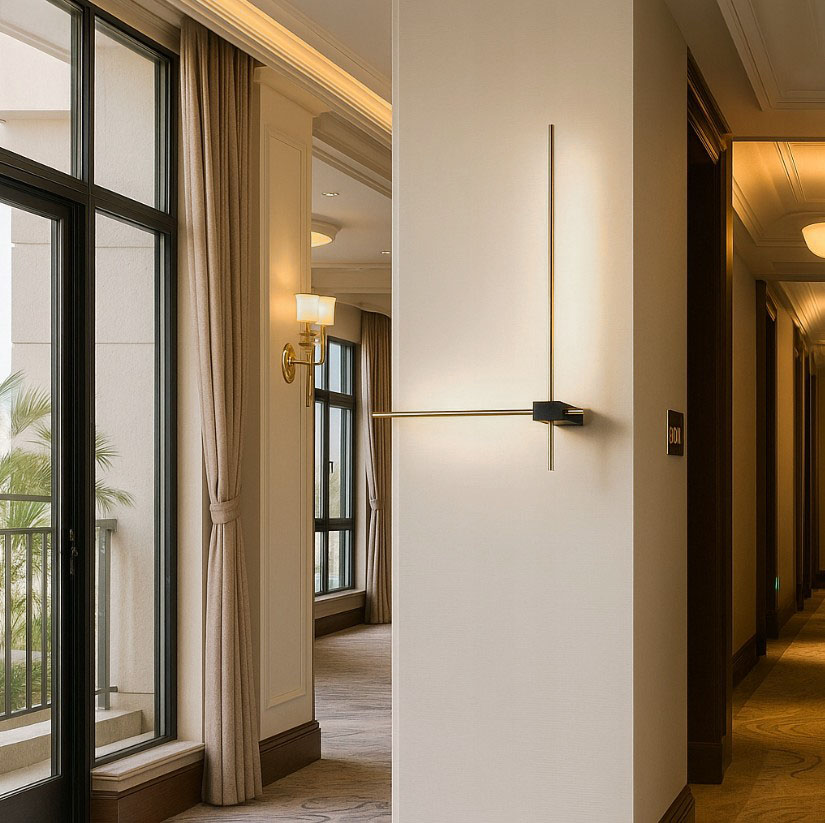 Kinkiet LED Como 2x60, 12W, 4000K w kolorze złotym z czarnym akcentem. Zamontowany na ścianie w korytarzu, z minimalistycznym designem i prostą, długą oprawą. Oświetlenie w tle tworzy elegancką atmosferę.