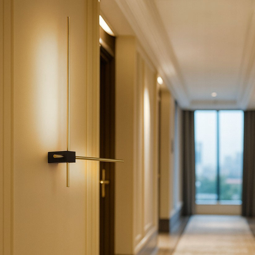 Kinkiet LED Como 2x60, 12W, 4000K w kolorze złotym i czarnym, zamontowany na ścianie. Prosta, nowoczesna konstrukcja z poziomą i pionową linią. Tło jasne, elegancka aranżacja wnętrza.