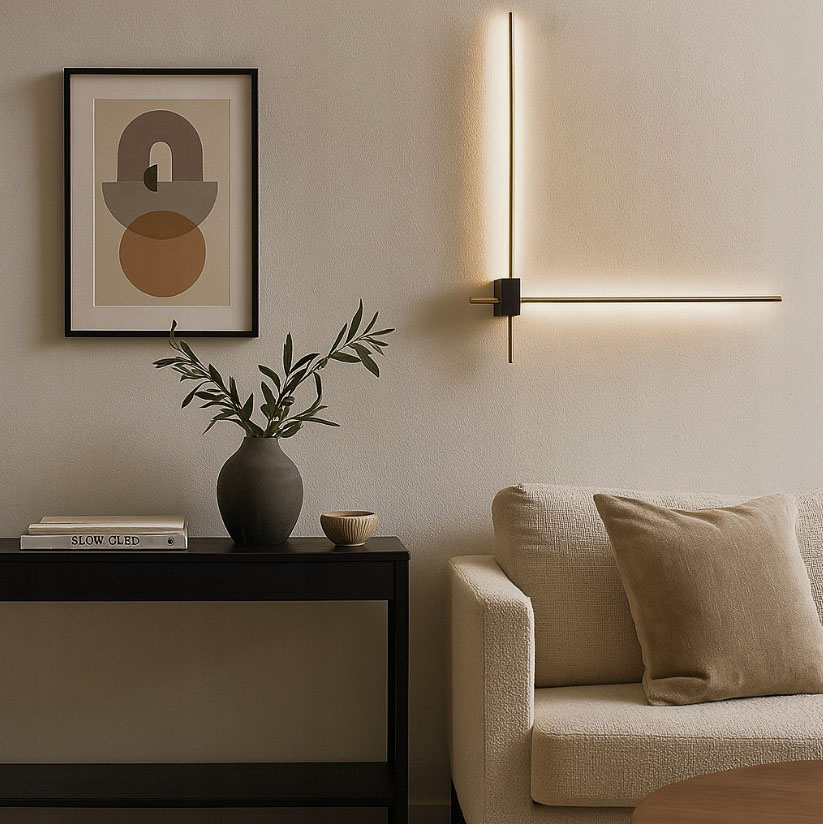 Kinkiet LED Como 2x60 z dwoma źródłami światła, o mocy 12W i barwie 4000K, w kolorze złotym i czarnym. Montowany na ścianie, z minimalistycznym designem, umieszczony obok sofy w nowoczesnym wnętrzu.