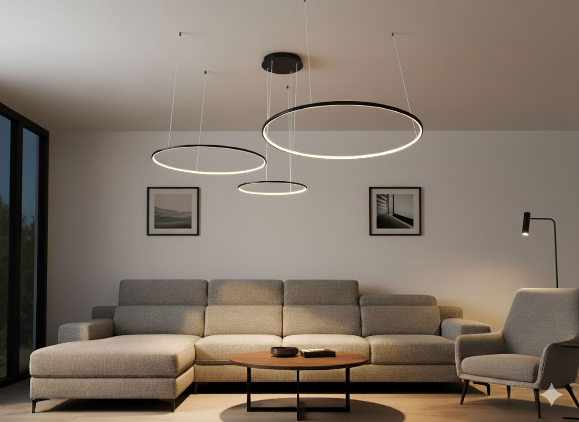 Lampa wisząca LED Hodo w kolorze czarnym, z trzema okrągłymi pierścieniami o średnicach 40, 60 i 80 cm, zawieszona na cienkich linkach. W komplecie pilot do regulacji. Produkt w nowoczesnym wnętrzu z szarym narożnikiem i drewnianym stolikiem.