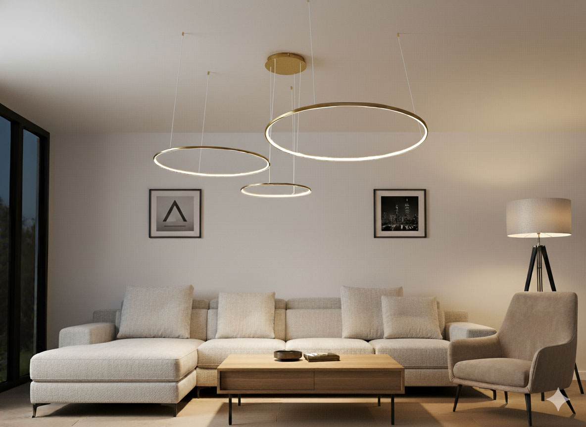 Lampa wisząca LED Hodo w kolorze złotym, z trzema okrągłymi elementami o średnicach 40, 60 i 80 cm. Zawieszona na cienkich linkach, w nowoczesnym wnętrzu z sofą i stolikiem. W komplecie pilot do zdalnego sterowania.