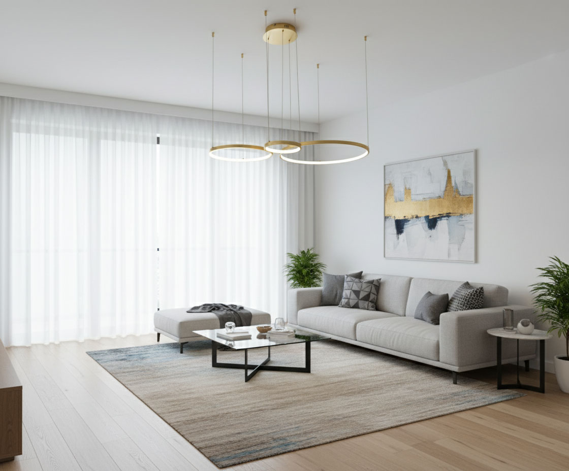 Lampa wisząca LED Hodo w kolorze złotym, z pilotem, o wymiarach 20/40/60 cm, zawieszona na cienkich linkach w nowoczesnym wnętrzu. Widoczna w aranżacji z sofą, stolikiem kawowym i roślinami.