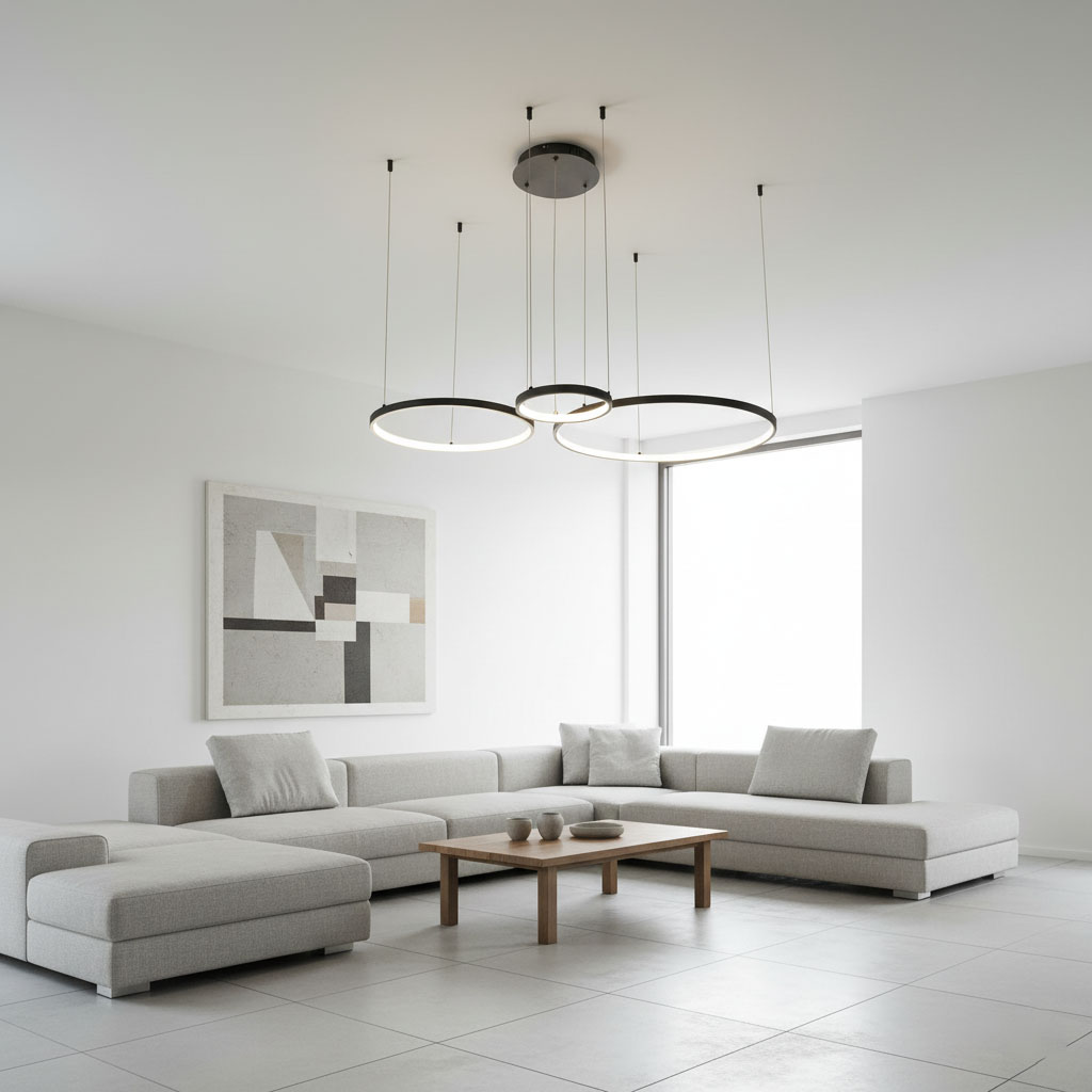 Czarna lampa wisząca LED Hodo z pilotem, o średnicach 20/40/60 cm, zawieszona na cienkich linkach. Trzy okręgi emitujące jasne światło, umieszczona w nowoczesnym wnętrzu z szarym narożnikiem i drewnianym stolikiem.