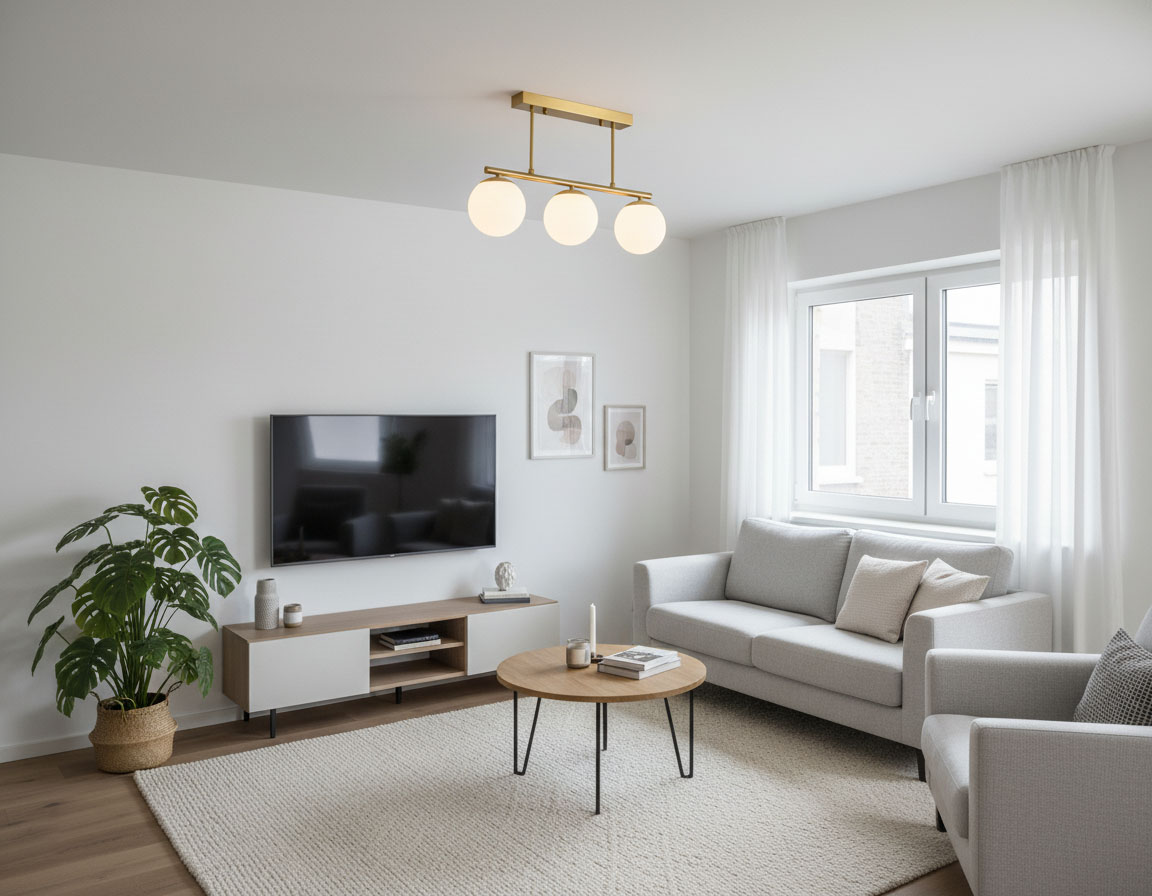 Lampa sufitowa Bali 3xE27 w kolorze złotym, zawieszona na suficie. Posiada trzy okrągłe klosze, które emitują miękkie światło. Produkt zainstalowany w nowoczesnym wnętrzu z jasnymi ścianami, kanapą i rośliną w doniczce.