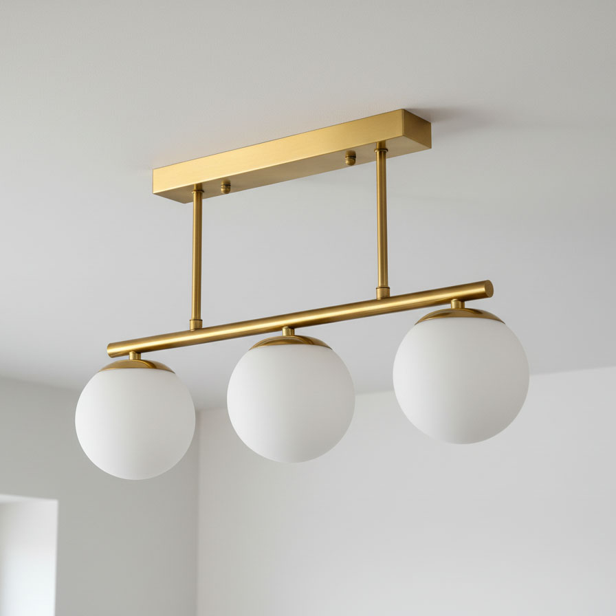 Lampa sufitowa Bali z trzema kulistymi kloszami w białym kolorze, zawieszona na złotej metalowej konstrukcji. Klosze mają matową powierzchnię, a całość zamontowana jest do sufitu w poziomie.