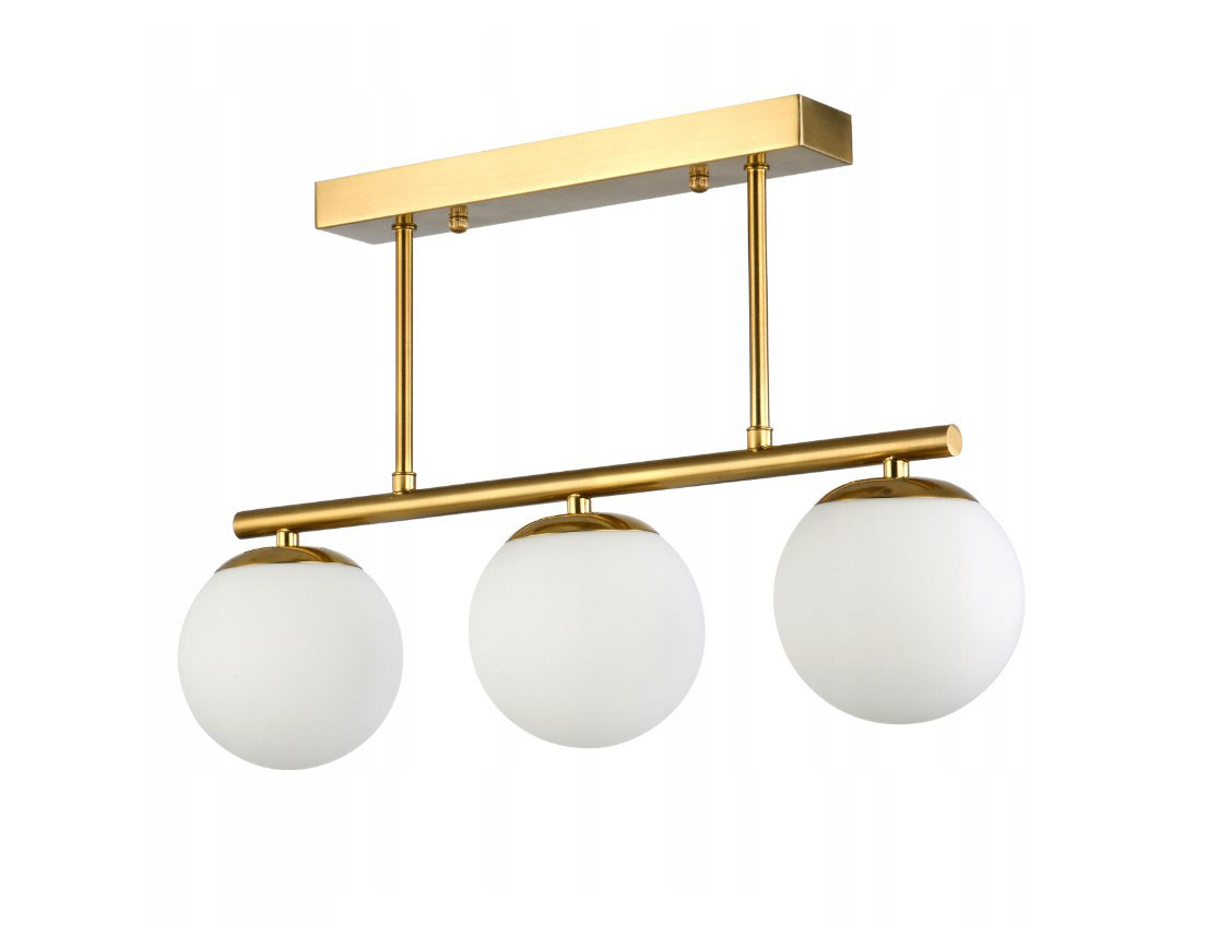 Lampa sufitowa Bali z trzema oprawami E27, z metalowym złotym stelażem i białymi, okrągłymi kloszami. Ujęcie frontalne, lampa zawieszona na prostokątnej podstawie, elegancki design, idealna do nowoczesnych wnętrz.